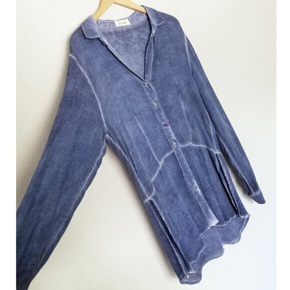 Bella Dahl Blue Distressed Split Side Longline Tunic Button Down Shirt Top L USA - Picture 10 of 15